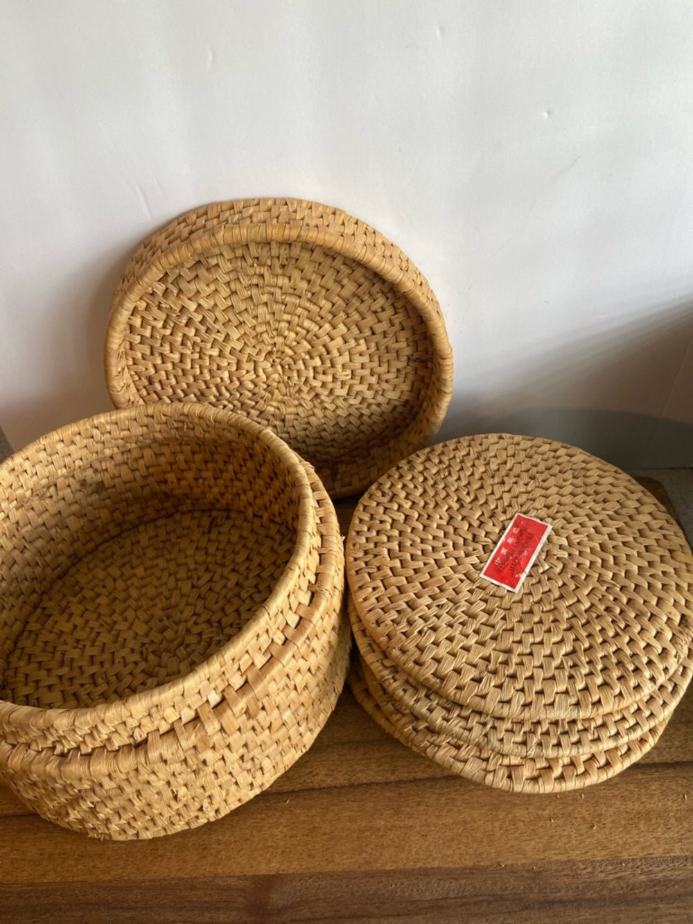 Vintage Wicker Basket Trivet Set Lidded Box Boho Decor - Picture 12 of 15